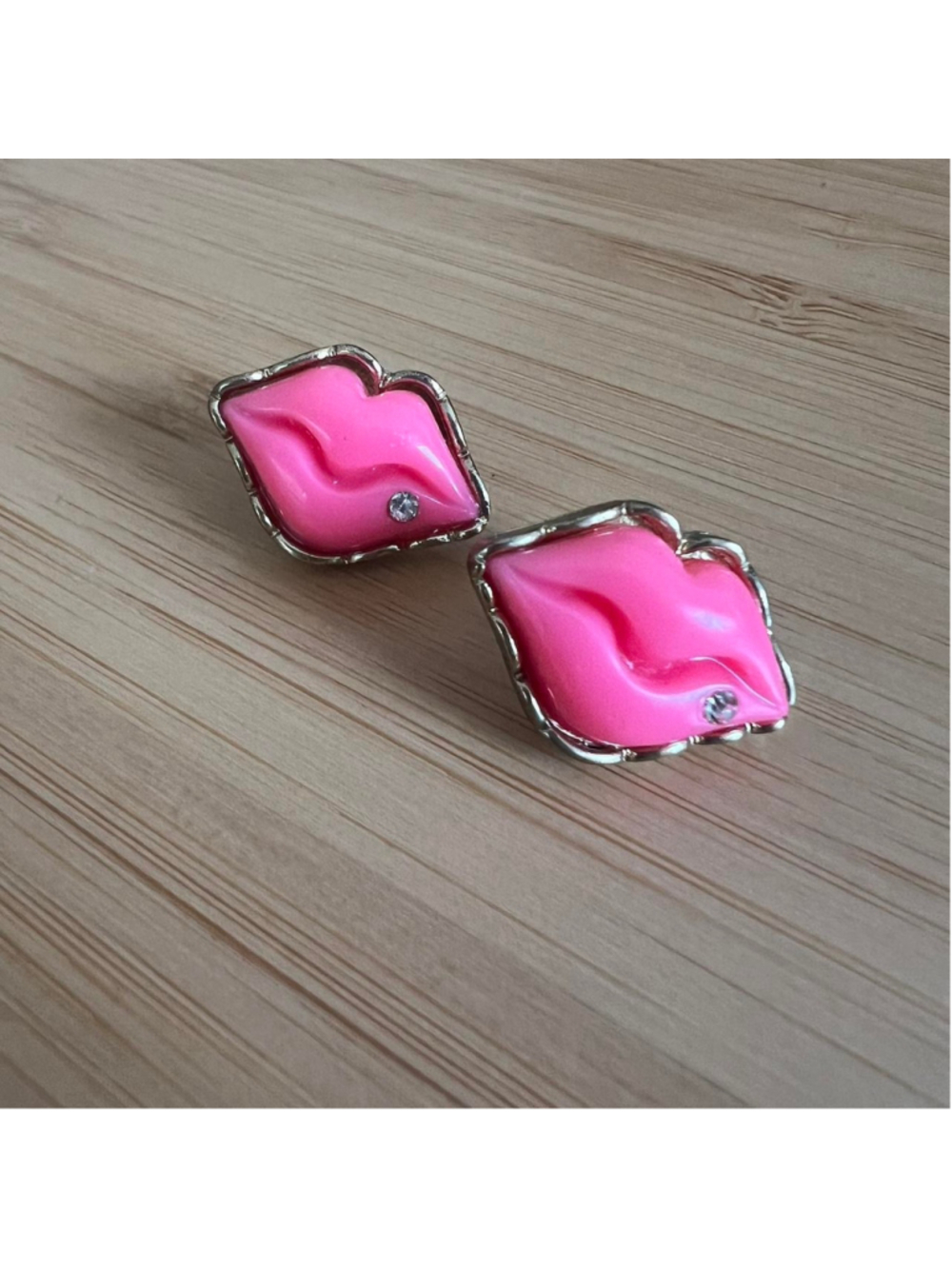 Pink lip Betsy Johnson earrings with gold tone and rhinestones